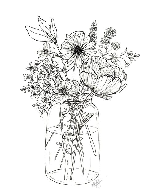 Floral Arrangement Coloring Page Flower Line Drawings Flower Art