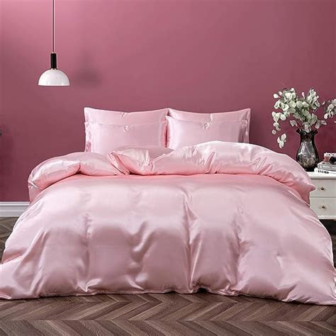 P Pothuiny Pieces Satin Duvet Cover Full Queen Size Set Luxury Silky Like Blush Pink Duvet