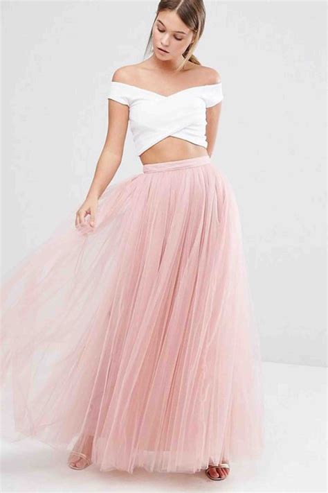 pink tulle two pieces white top prom dress long evening dress tulle maxi skirt tulle long