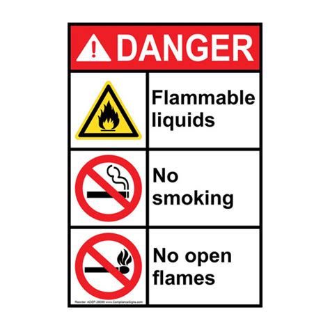Vertical Flammable Liquids No Smoking No Flames Sign ANSI Danger