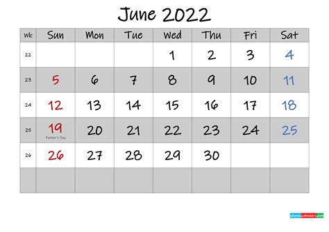 Free Printable June 2022 Calendar With Holidays Template K22m570