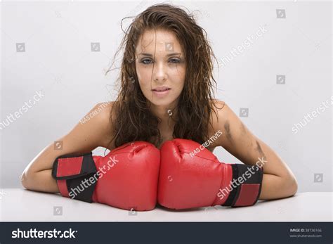 Beautiful Topless Glamour Woman With Red Boxing Gloves Stock Photo