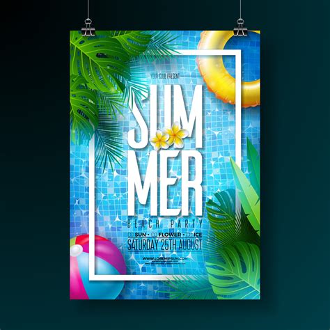 Summer Pool Party Poster Design Template With Water Tropical Palm