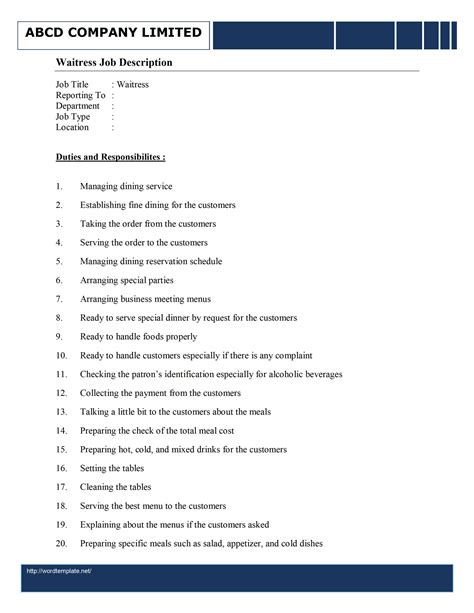 Waitress Job Description Template