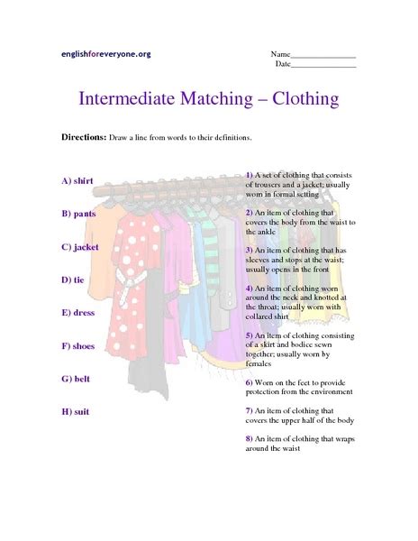 Intermediate Matching Clothing Worksheet For 3rd 5th Grade Lesson