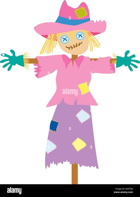 A Cartoon Girl Scarecrow With Straw Hair Wearing A Patched Hatblouse