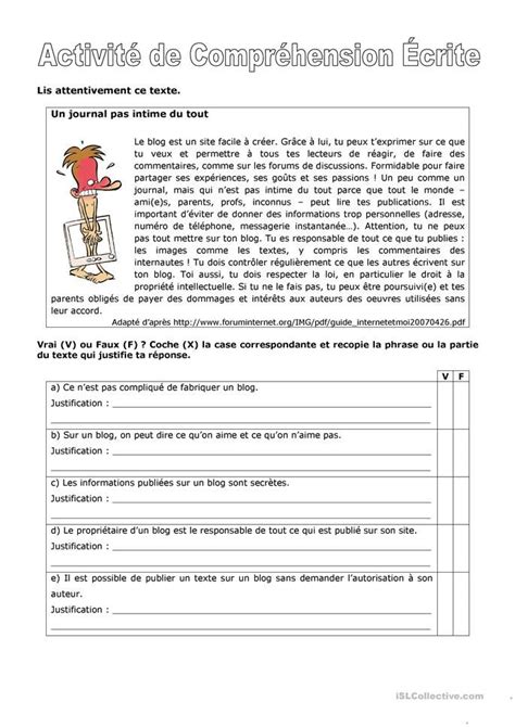 Activité De Compréhension Écrite A French Teacher French Reading