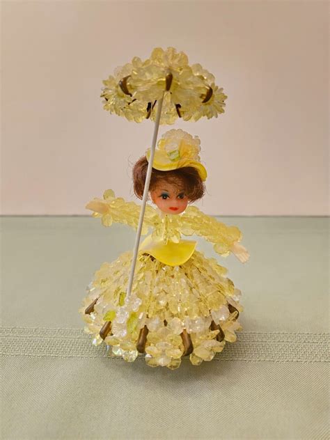 Vintage Safety Pin Beaded Doll Brunette Yellow Dress And Parasol