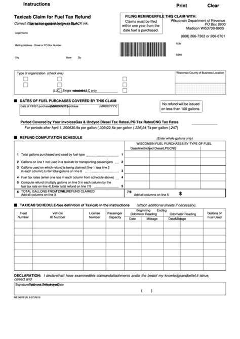 Fillable Form Mf 001w Taxicab Claim For Fuel Tax Refund Printable Pdf