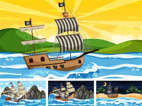 Set Oceaansc Nes Met Piratenschip In Cartoonstijl Download Free Vectors Vector