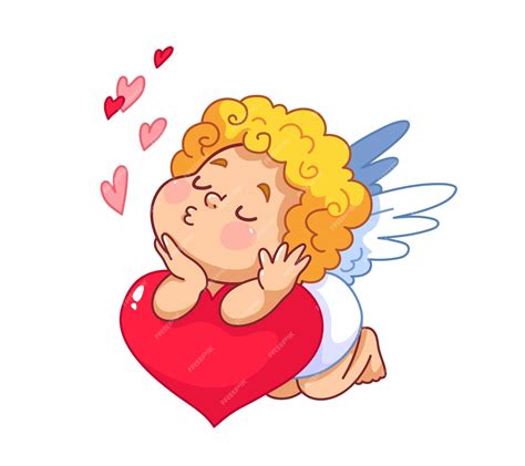 Premium Vector Cute Cartoon Baby Cupid Lies On A Big Red Heart Happy