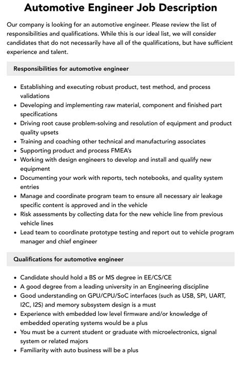 Automotive Engineer Job Description Velvet Jobs