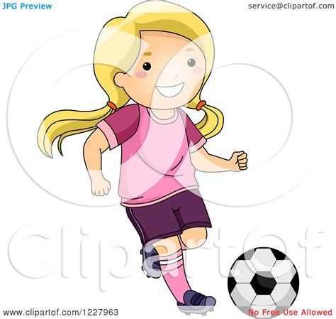 Clipart Of A Happy Blond Girl Playing Soccer Royalty Free Vector