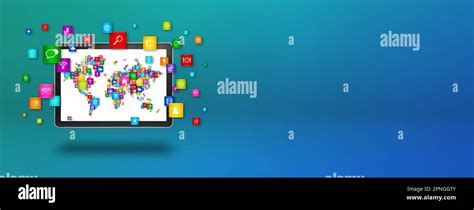 World Map Made Of Icons In A Tablet Pc Screen Global Communication