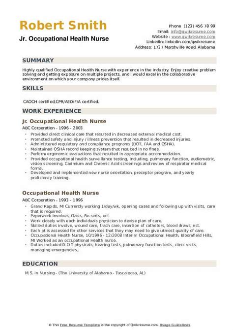 Occupational Health Nurse Resume Samples Qwikresume