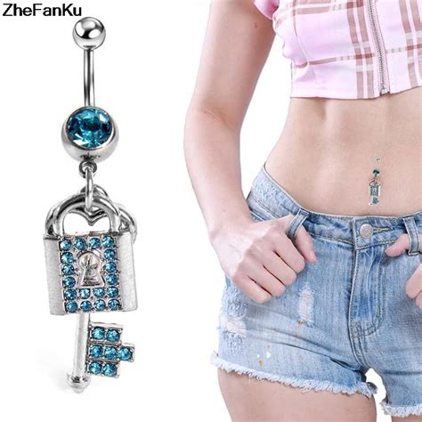 1pc silver plated belly button ring 316l surgical steel lock key dangle cz navel belly ring body