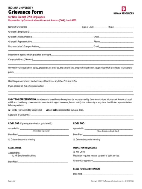 Fillable Online Hr Iu Grievance Form For Non Exempt Cwa Employees Fax