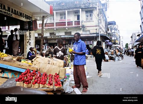 Africa Kenya Mombasa Street Scene With Temporary Fruit Markets Along