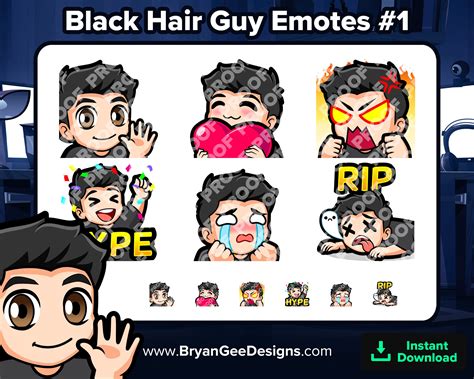 Black Hair Guy Twitch Emotes For Streaming Wave Love Rage Hype Etsy