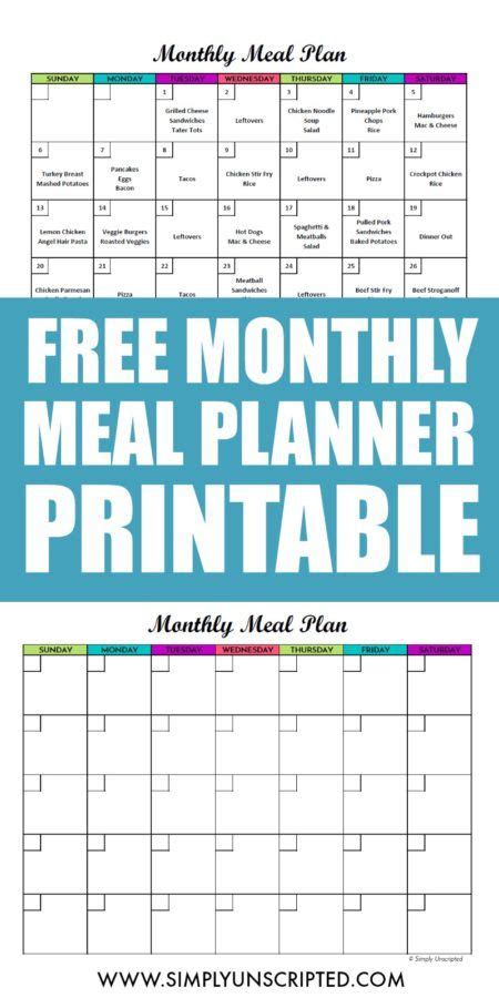 Free Monthly Meal Planner Printable Calendar Template For Menu Planning