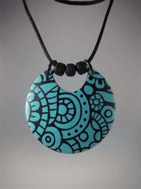 Turquoise Silkscreened Polymer Clay Necklace By Annie Jacobi Jewelry