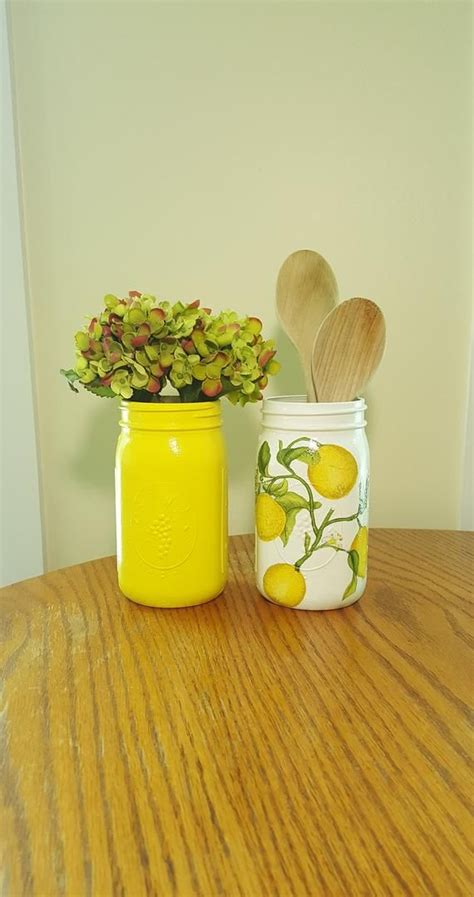 Lemon Kitchen Mason Jar Set Kitchen Decor Utensil Holder Etsy Lemon