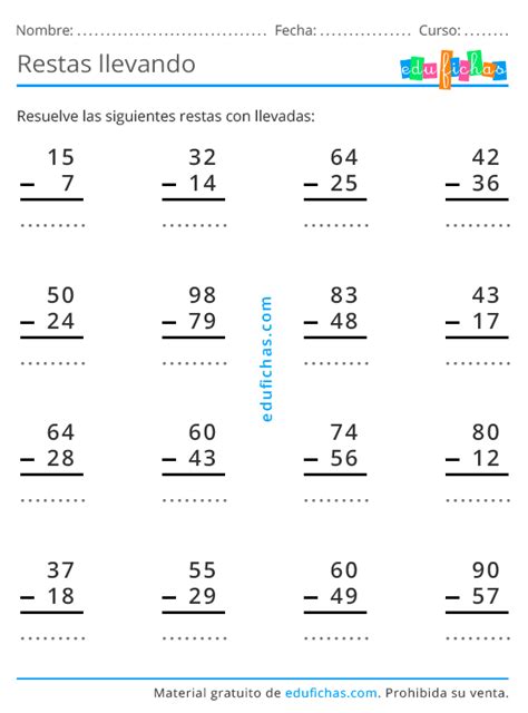 Restas Con Llevadas Hoja De Restas Para Imprimir En Pdf