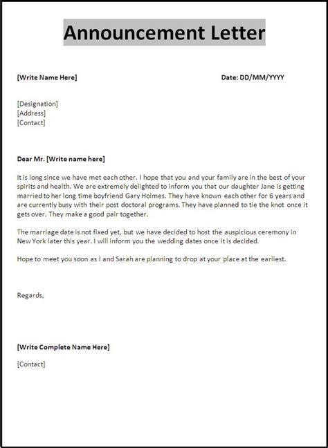 Sample Announcement Letter Free Words Templates