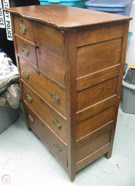 Antique Golden Oak Highboy Tall Dresser Chest Of Drawers W Hat Box