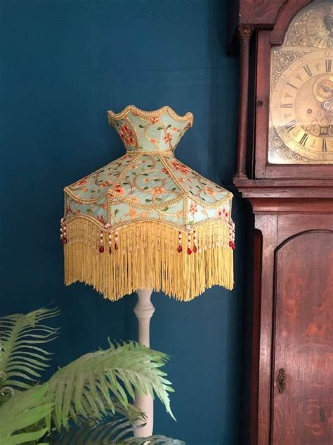 Victorian Style Period Lampshade Silk Aqua Gold Crown Beaded