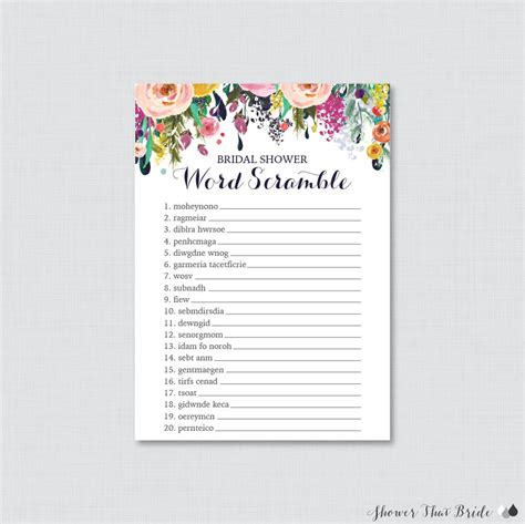 Floral Bridal Shower Word Scramble Printable Colorful Flower