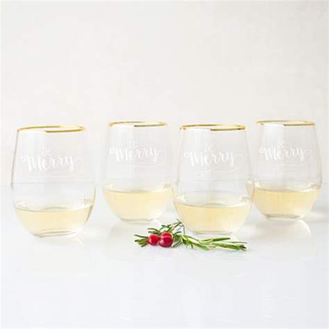Be Merry 19 25 Oz Gold Rim Stemless Wine Glasses Set Of 4