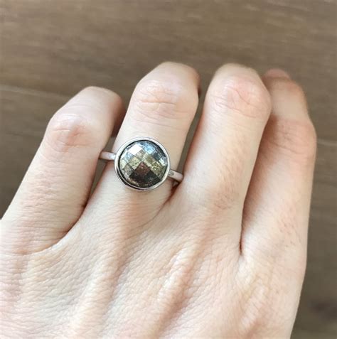 Round Pyrite Rustic Ring Faceted Metallic Gemstone Ring Stackable