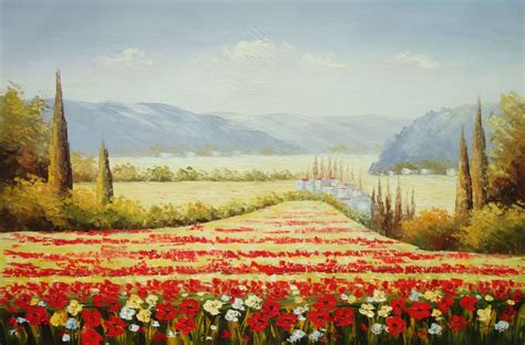 Tuscan Flower Sea Of Red And Yellow Oil Painting Landscape Field Italy