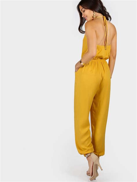 self tie halter surplice slanted pocket front tapered jumpsuit shein sheinside