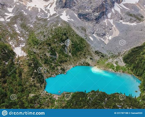 Aerial Drone View Of Alpine Turquoise Water Sorapis Lake Or Lago Di