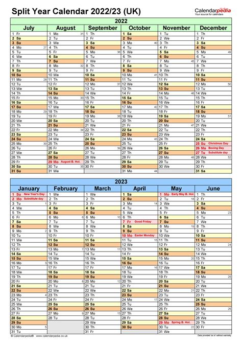 Split Year Calendars 202223 Uk July To June For Excel