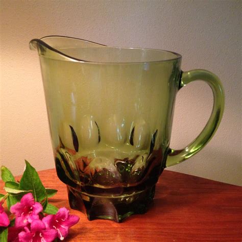 Vintage Heavy Avocado Green Glass Pitcher With Thumbprint Pattern Haute Juice