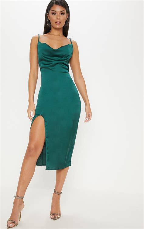 emerald green satin cowl midi dress dresses prettylittlething