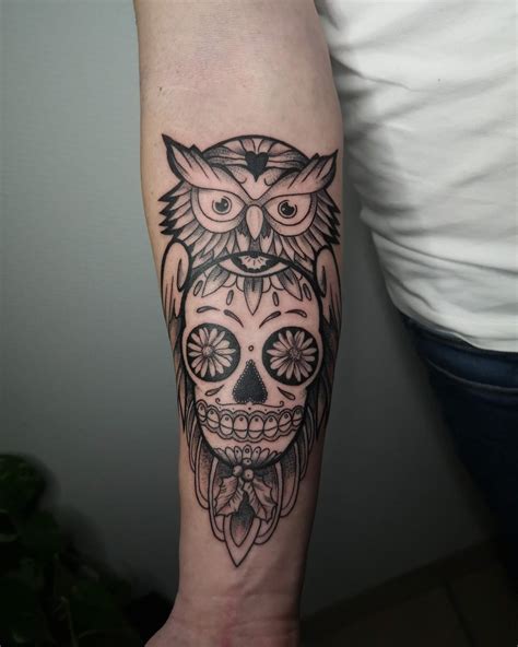 Girly Sugar Skull Owl Tattoo