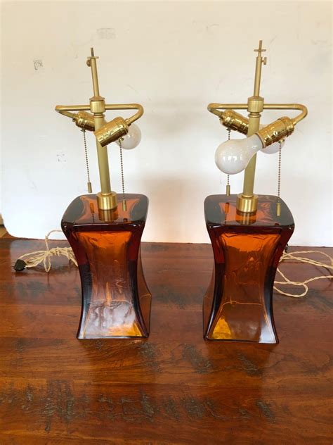 Smashing Pair Of Amber Blown Glass Mid Century Modern Table Lamps By