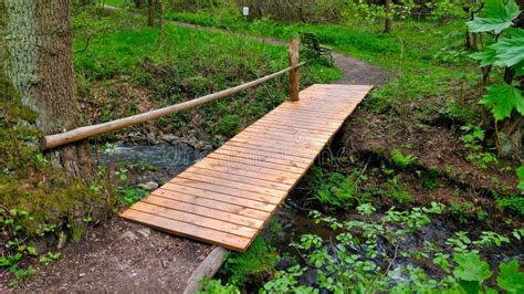 Professional Wooden Crossing Upon Tiny Stream In The Forest Stock Image