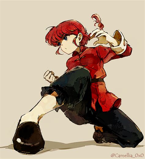An Anime Character With Red Hair And Black Pants Sitting On The Ground