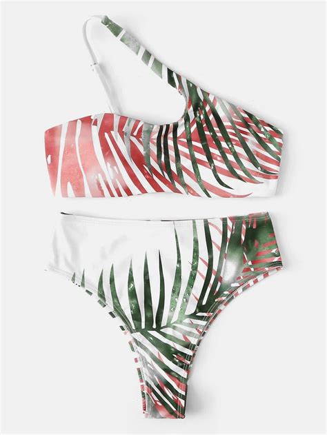 Multicolor Green Leaf Print One Shoulder Swimsuit Bikini