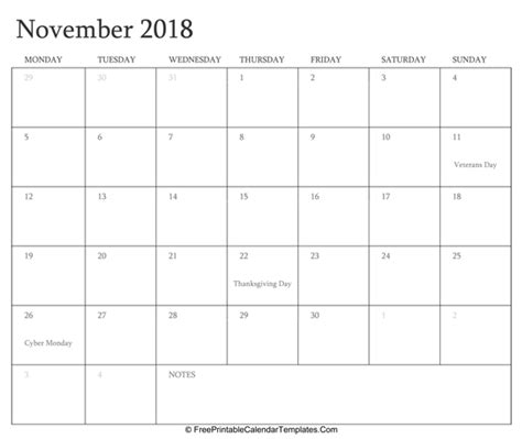 November 2018 Editable Calendar With Holidays And Notes