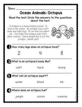 Ocean Animals Kindergarten Reading Comprehension Pack by The Super Teacher