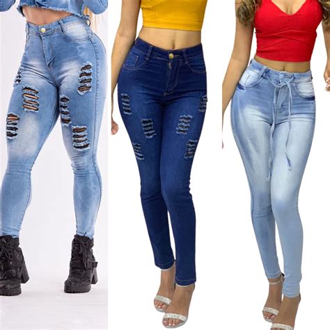 kit de 3 calças jeans femininas luxo cintura alta levanta bumbum shopee brasil