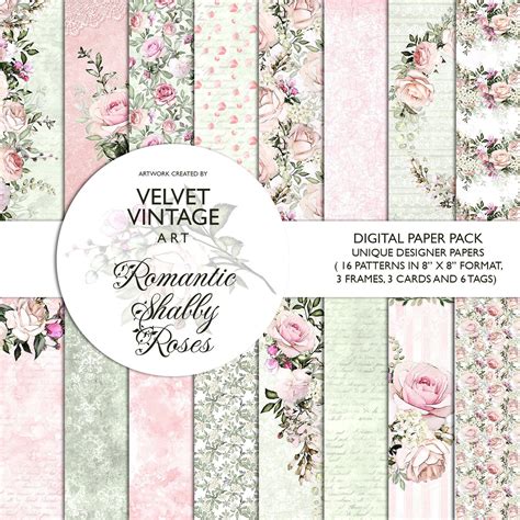 Shabby Chic Digital Papers Romantic Digital Papers Floral Etsy สายรุ้ง