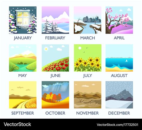 Four Seasons Month Nature Landscape Winter Summer Vector Image