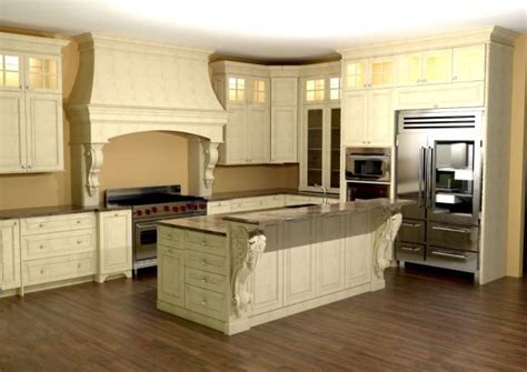 Adding a few kitchen countertop corbels can improve the look of the breakfast bar improving in fact, the overall appearance of the whole room. Large kitchen with custom hood. Features large Enkeboll corbels on island. | Kitchen designs ...